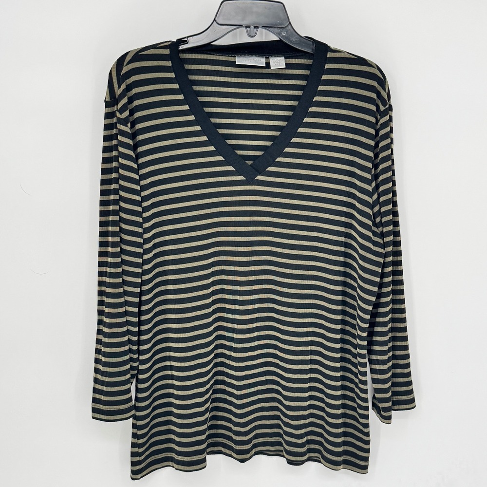 Chicos Travelers Striped V Neck Long Sleeve Top Size 3 (XL) Black Green Ribbed